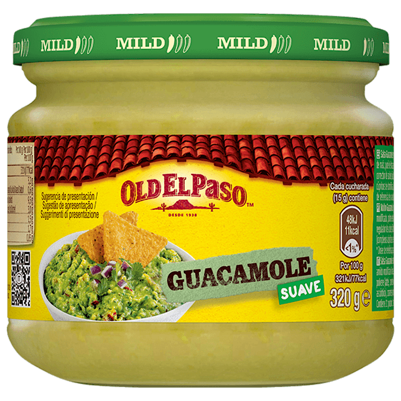 un frasco de vidrio de salsa guacamole suave Old El Paso, 320 g